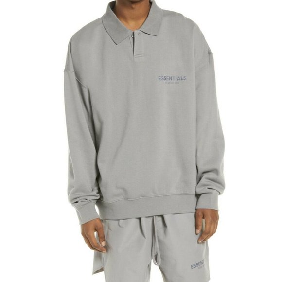 Fear Of God Essentials Logo Long Sleeve French Terry Polo Cement Gray Small - Picture 2 of 7